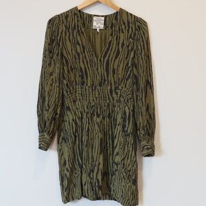 BAUM and PFERGARTEN mini dress green black blouson vneck long sleeve waisted 8